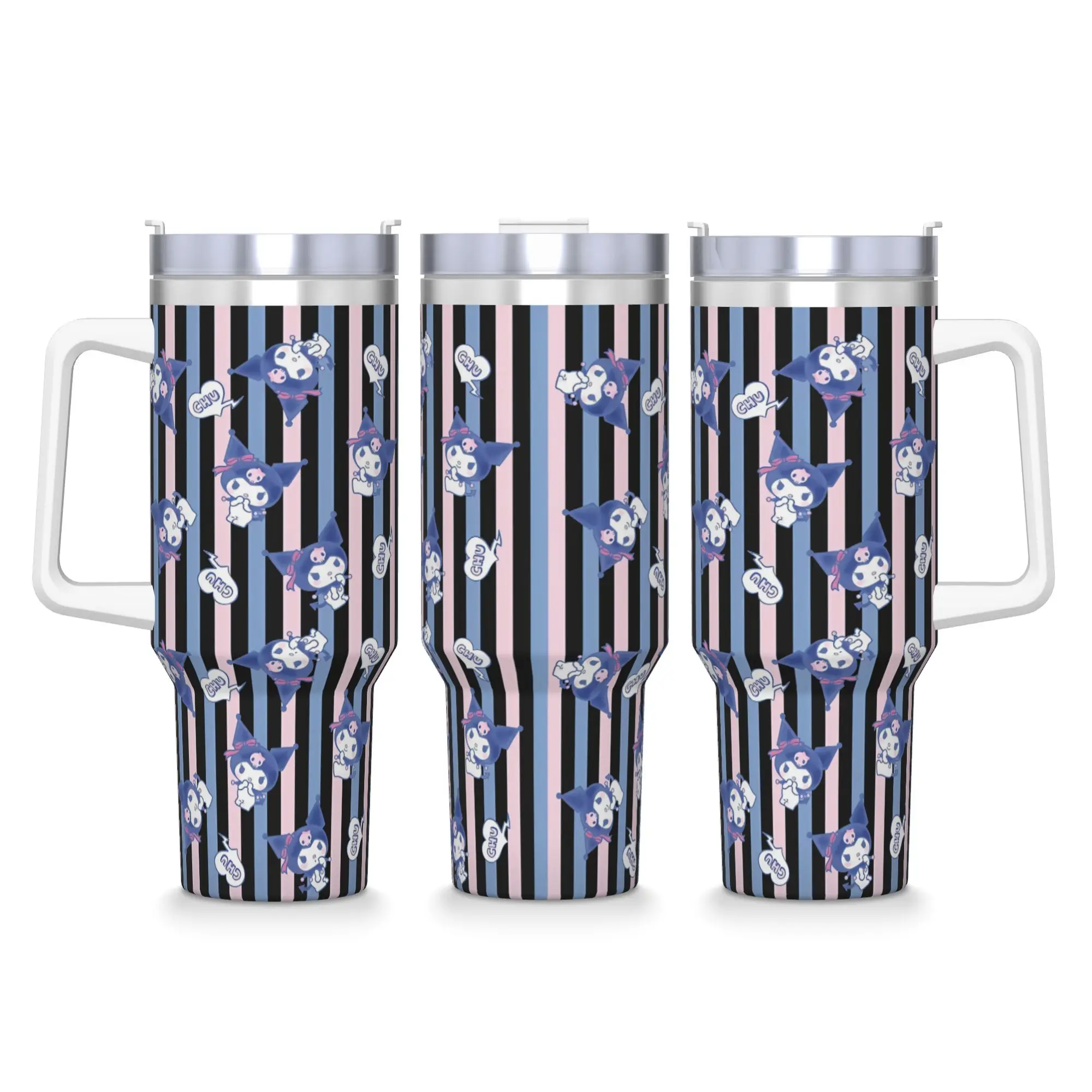 

Cute Kuromi Cartoon Printed Stainless Steel Tumbler Travel Coffee Mug With Straws and Lid Large Mugs Cup Drink Water Bottle