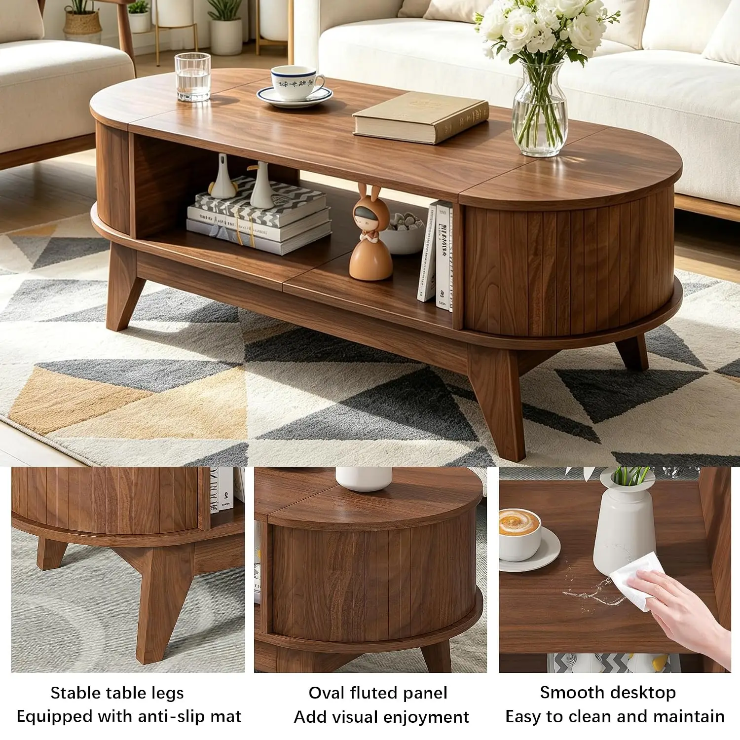Coffee Table with Storage Walnut Coffee Table with 2 Flip-Top Hidden Lids | Mid Century Center Table with Storage, Customized image 4