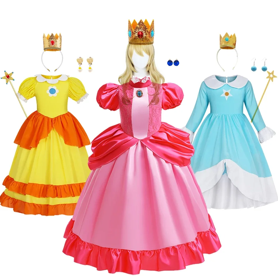 Rosalina Dress Girls Peach Costume Daisy Cosplay Children Birthday Party Carnival Fancy Outfit