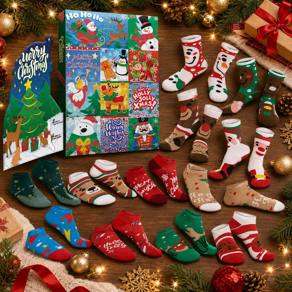 2026 Christmas Advent Calendar 12 Days Christmas Warm Cotton Socks for Women Adults Xmas Countdown Calendar with 8 Low Cut & 4 Knee High Socks, Xmas Party Favor Gifts