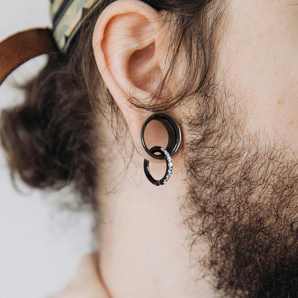 Casvort 2er-Set Edelstahl-Ohr-Tunnel mit Schraubverschluss und Zirkonia-Klappring, Ohr-Plugs, Expander, Piercing-Schmuck – Detail 5