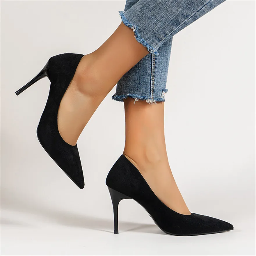 Concise Ladies Office Shoes Autumn Solid Flock Pointy Toe High Heels Shoes Shallow Wedding Female Pumps Sexy Size 35-43