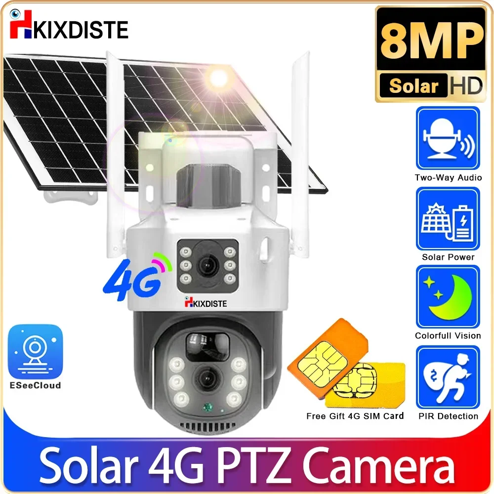 

4G Solar Camera 4K 8MP Dual Lens Dual Screens Outdoor Waterproof Solar Panel Auto Tracking CCTV Camera Alarm Free 4G Sim Card