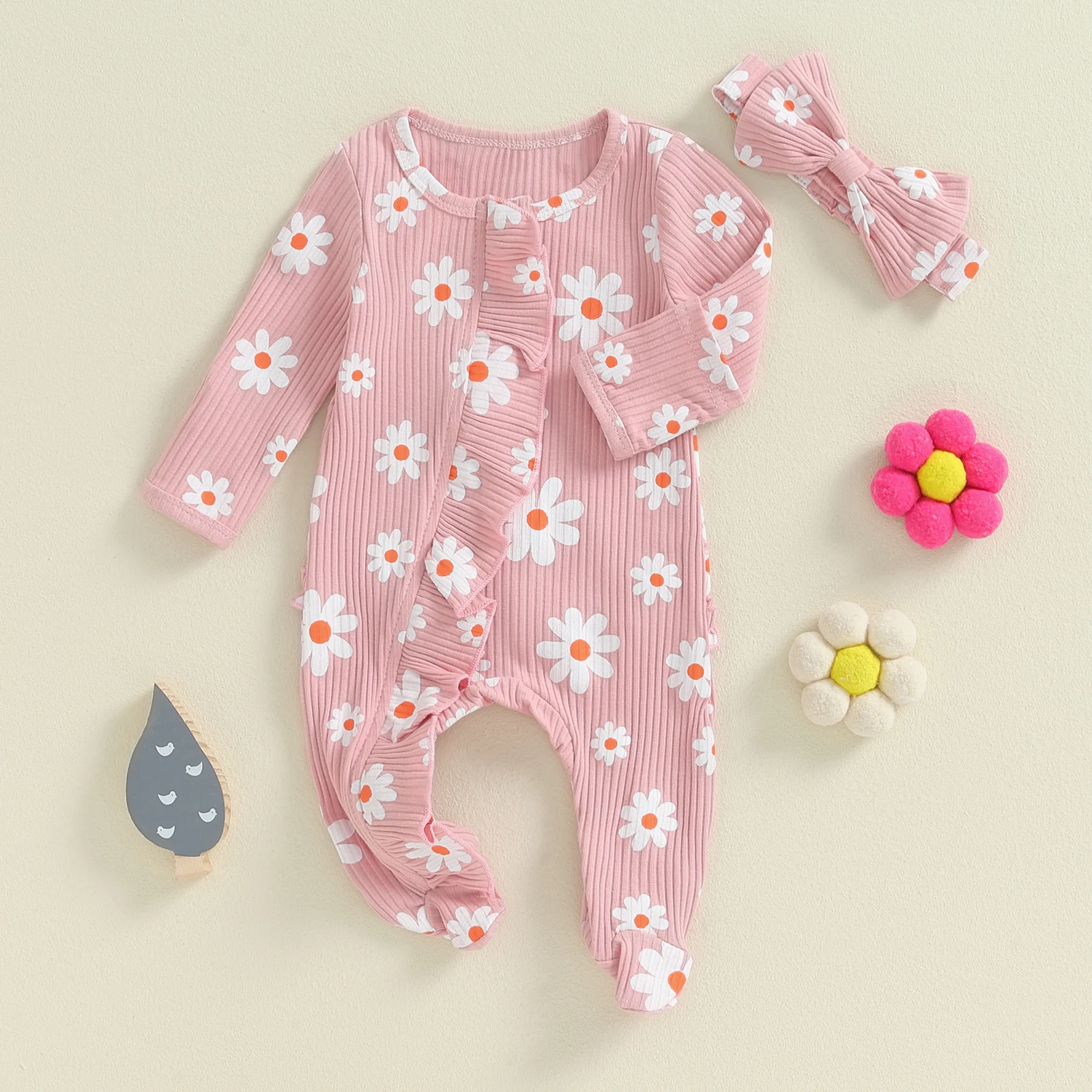 Citgeett Autumn Infant Baby Girl Footies Rompers Flower Print Long Sleeve Ruffles Jumpsuits Fall Clothes Headband