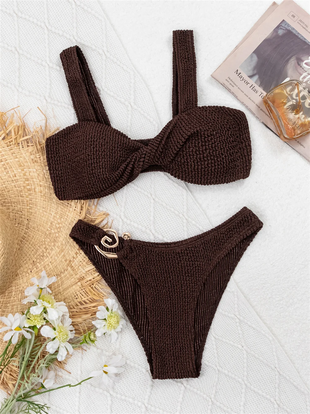 

Sexy Twist Bikini Rings Hollow Swimsuit Push Up Ribbed Wrinkled Vacation Swimwears Women Beach Outfits Bathing Suit Bikinis Sets