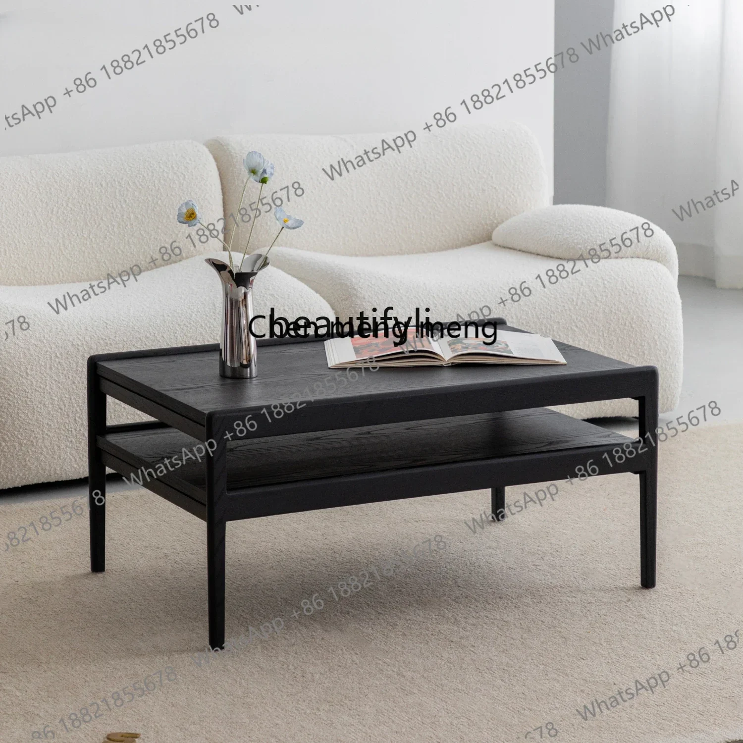 zS173Black coffee table dining table dual-purpose two-in-one double-layer retractable ash wood sticker leather retro