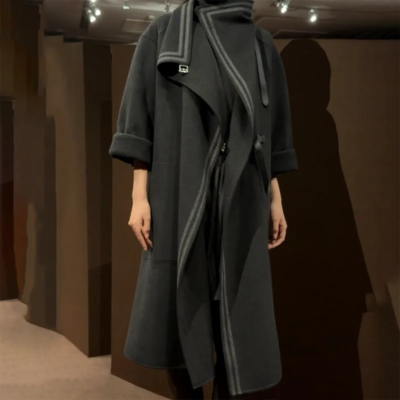 

Высококачественное длинное женское двустороннее кашемировое шерстяное пальто с большим лацканом и кожаными пуговицами, роскошный дизайн 251020117