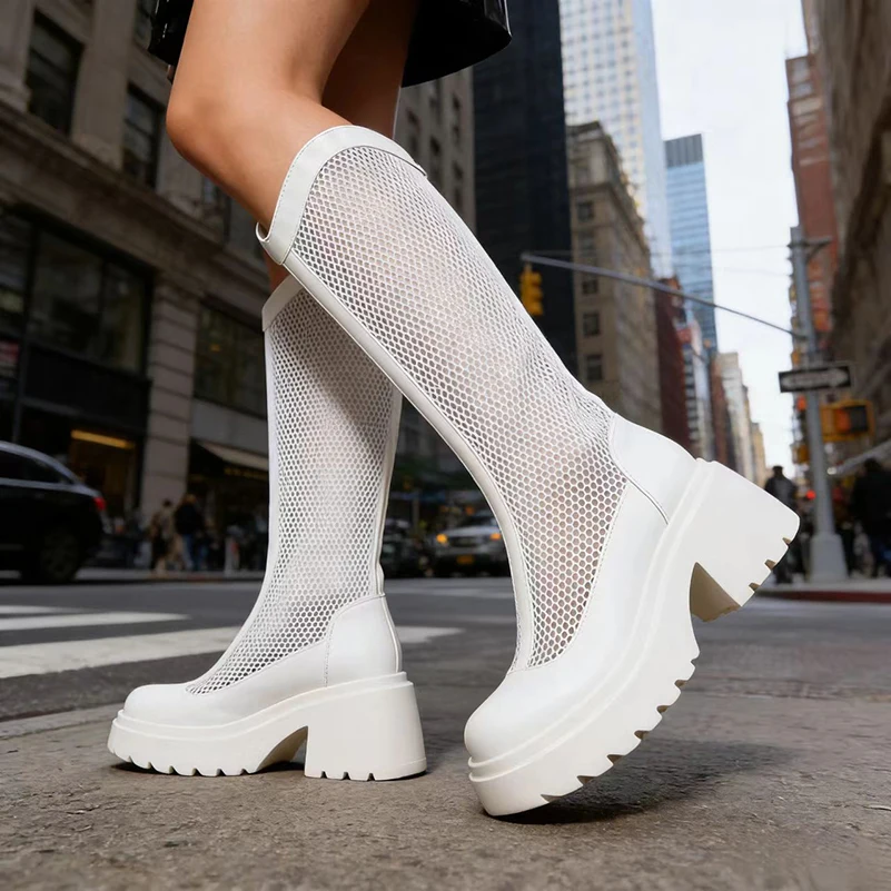 Lacquered Patchwork Hollow Mesh Platform Thick Sole Back Zipper Women's Knee High Boots Summer Hollow Cool Boots