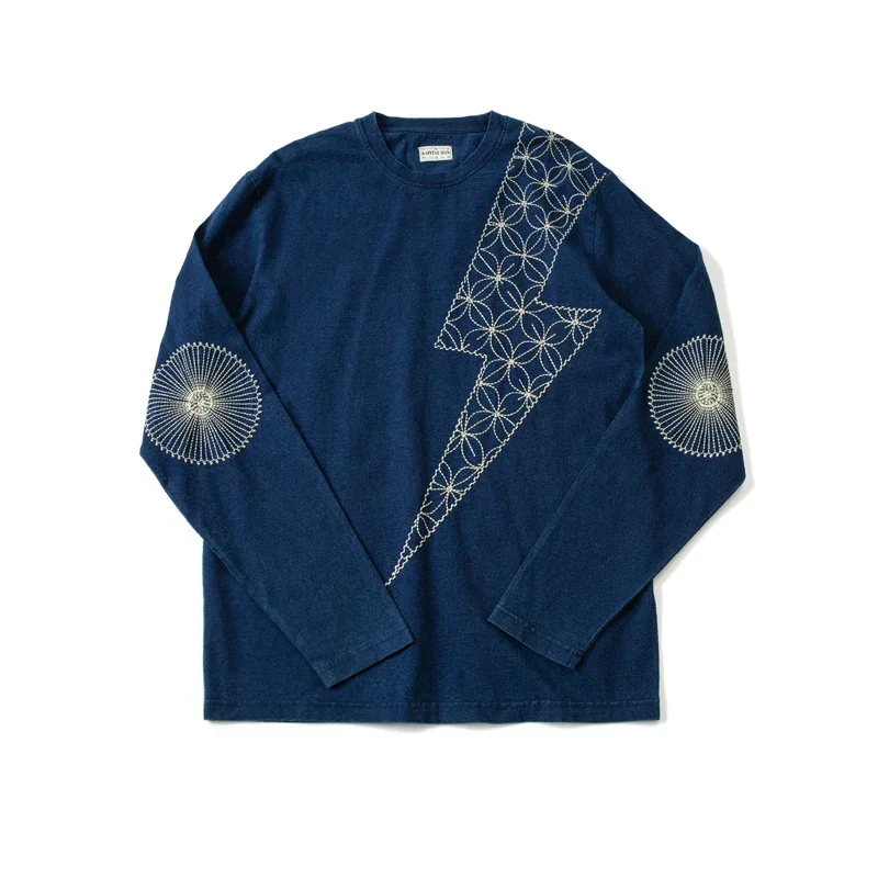 

KAPITAL Hirata Hohiro Japan Retro Washed Blue Dyed Denim Lightning Embroidered Long Sleeved T-shirt for Men Loose Tees