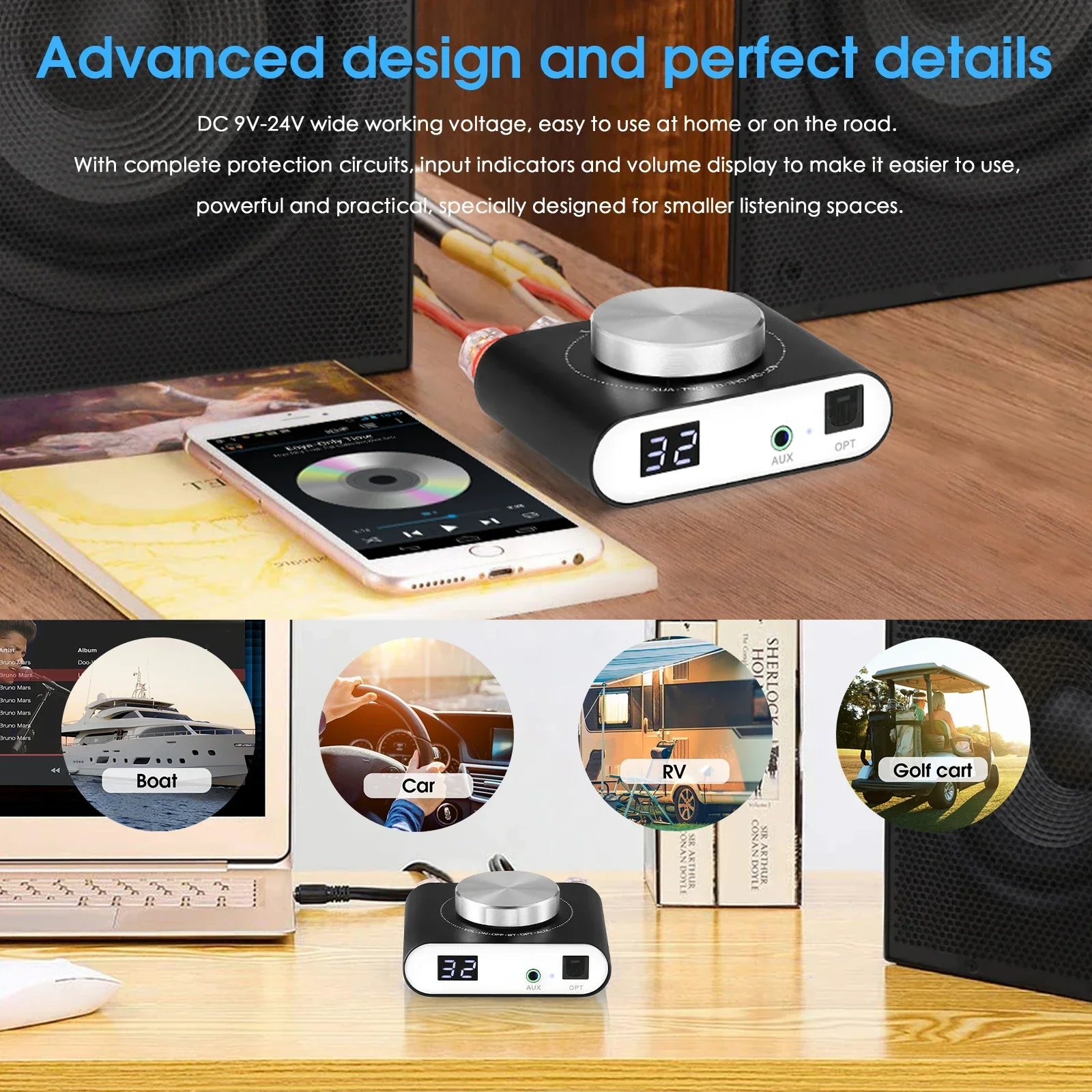 Nobsound Q10 Mini Digital AUX/Optical Amplifier Bluetooth 5.0 Receiver HiFi Class D Desk Power Amp 100W+100W