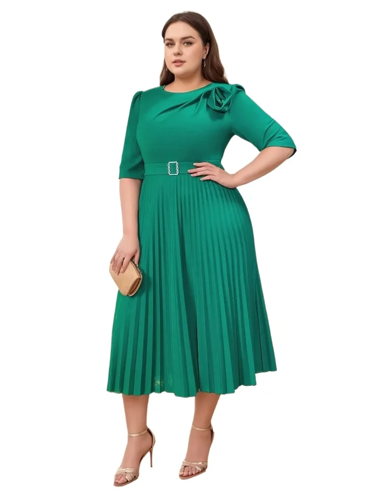 

2025 New Stylish Green Elegant Pleated Dress Round Neck 3D Flower Half Sleeve Special Occasions Church Event Clothings Plus Size