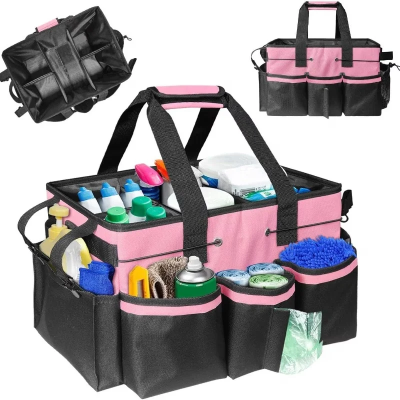 Cleaning Tool Organizer Bag with 3-in-1 Carrying: Crossbody Strap, Handheld Handles, and Waist Belt Attachment. Made of 600D Oxford Fabric with 10 Inner Pockets and 4 Outer Mesh Sleeves. Approx. 12L Capacity Holds Spray Bottles, Brushes, and Cloths. Reinf