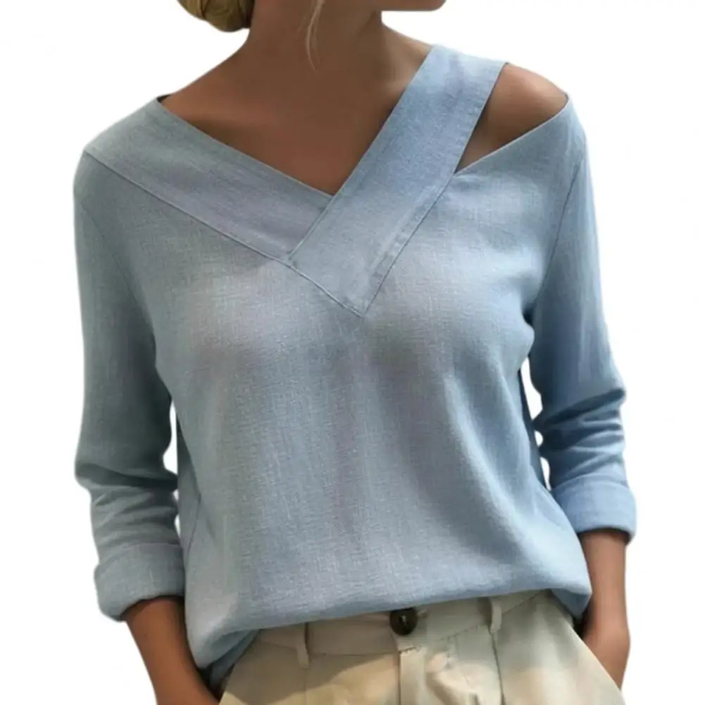 

Women T-shirt V-Neck Off Shoulder Long Sleeve Pullover Tops Pure Color Loose Fit Summer Casual Shirt Daily Wear