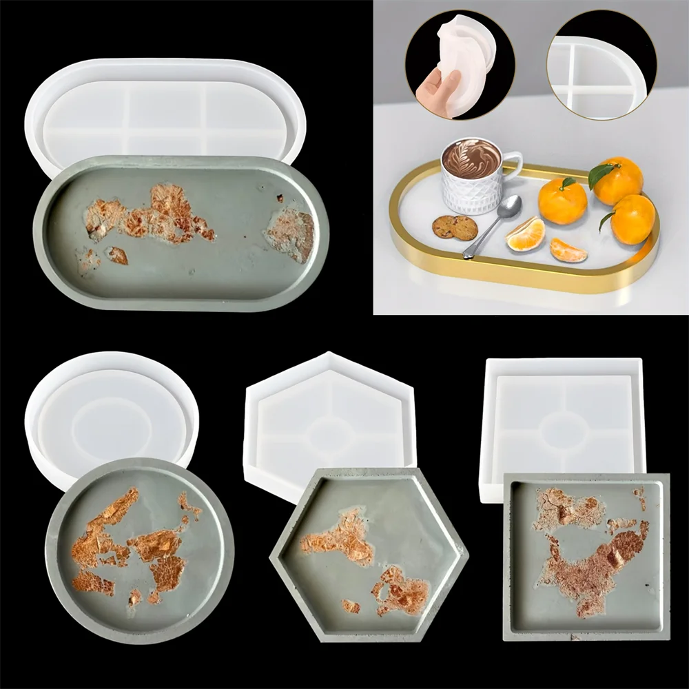 4pcs/Set Storage Tray Coaster Silicone Mold, Oval, Circular, Hexagonal Tray Silicone Mold, Used For Resin Gypsum Casting
