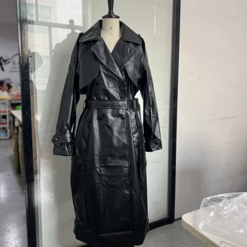 Casual Long Belted Sved irt Jaet Spring Autumn Sle Leather Coat Women's Faion Pure Color Loose Fit with Fur Collar