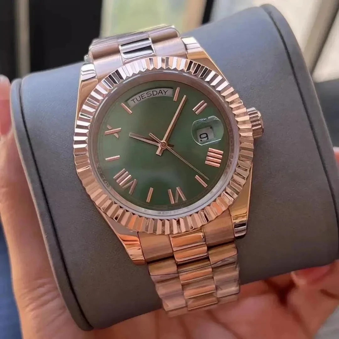 Relógio mecânico automático masculino de luxo aço inoxidável prata amarelo rosa ouro verde daydate roma dial preto branco 36mm 41mm