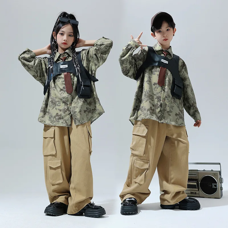 

Kid Hip Hop Clothing Green Rose Print Shirt Black Vest Top Khaki Casual Wide Cargo Pants for Girl Boy Jazz Dance Costume Clothes