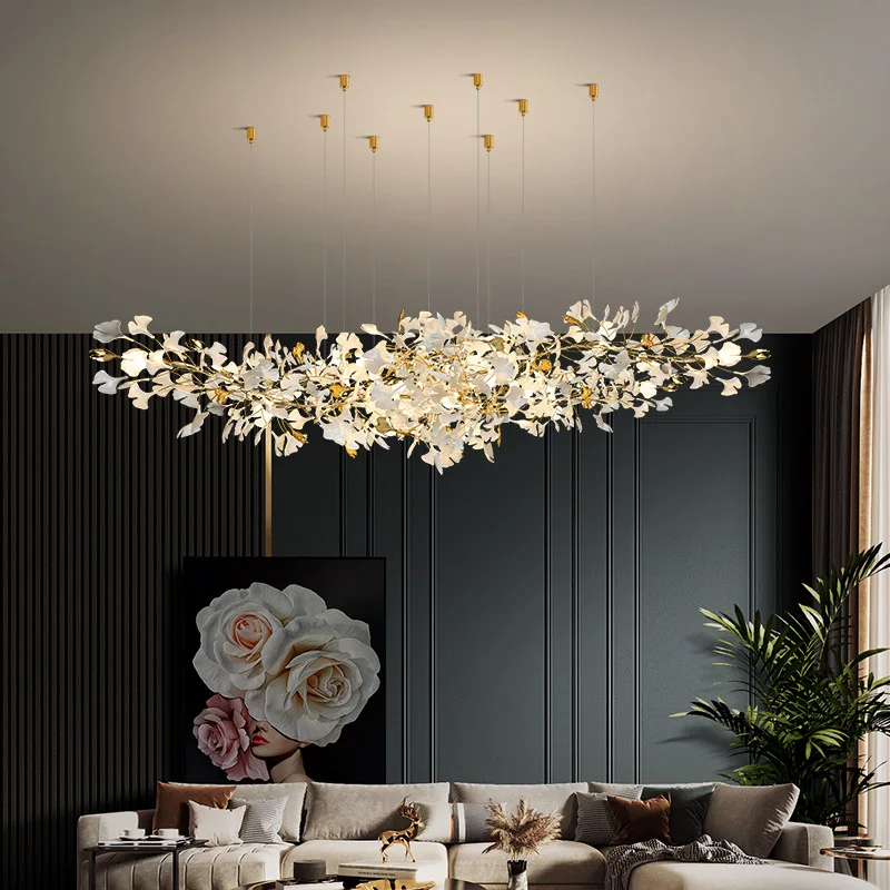 

Luxury plastic ceramic chandelier, suitable for living rooms, ginkgo leaves, LED chandeliers, art villas, study bedrooms