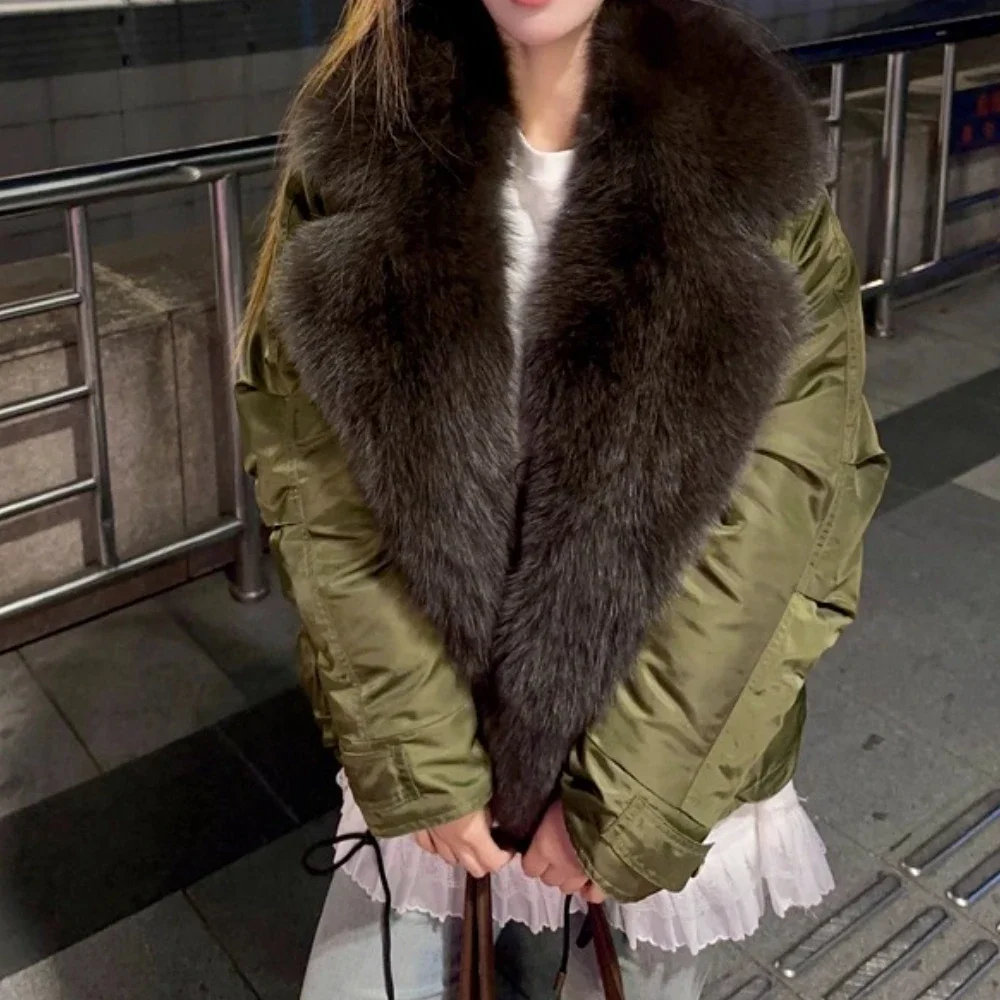 

Loose Fox Fur Collar White Goose Down Coat Luxury Women Autumn Winter Outwear Puffer Jacket Fashion Female Real Fur Jacket