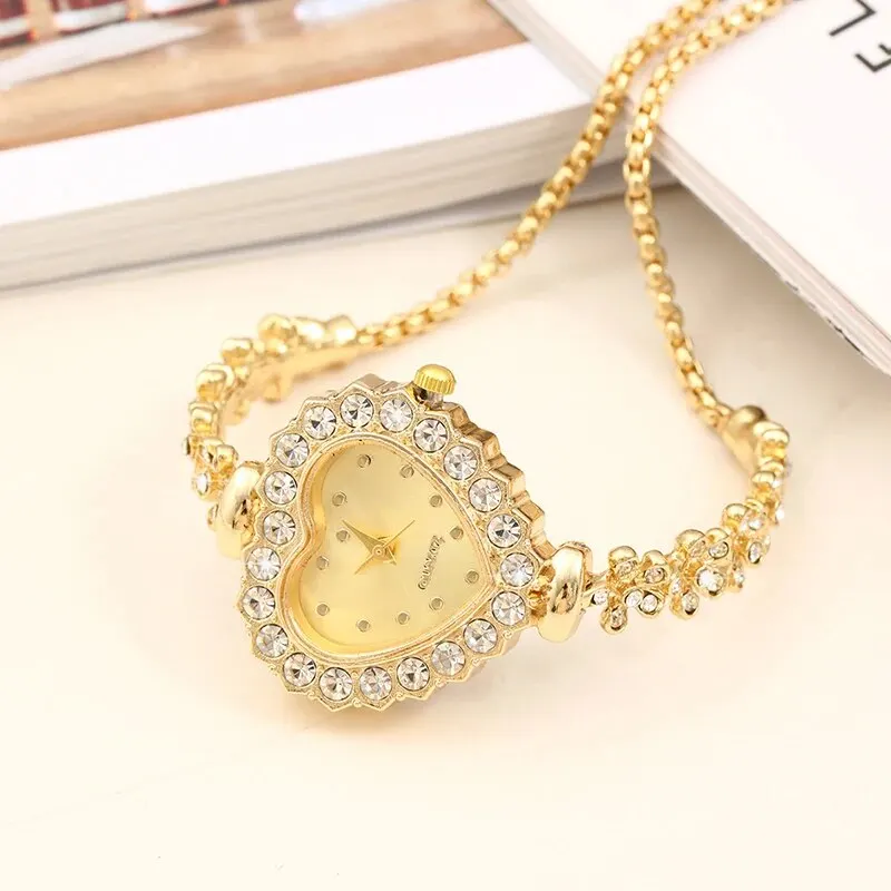 6PCS Set Women Gold Luxury Watch Women Ring Necklace Earring Rhinestone Fashion Wristwatch Casual Ladies Bracelet Watches