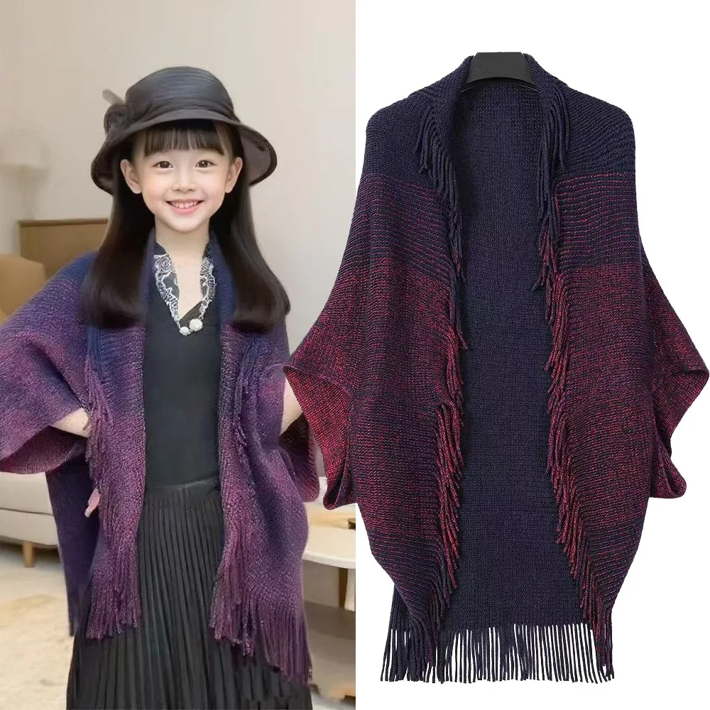

Gradient Color ' Mongolian Poncho Ethnic Style Striped Cardigan Tassel Shawl Winter Warm Artificial Wool Coat Overlays For