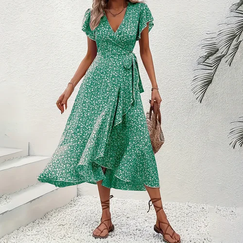 Imagen 2 del producto Vestido de verano con volantes y estampado de flores para mujer Moda 2025 Vestidos elegantes de manga corta con cuello en V y lazo lateral
