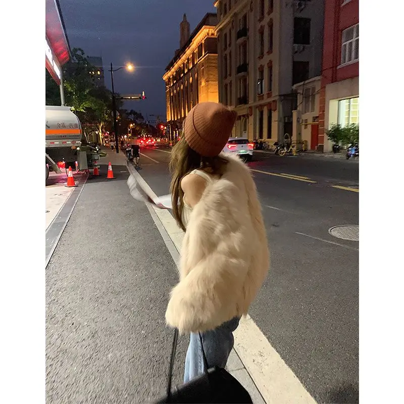 Ladies Long Sleeves Imitation Fox Fur Jacket 2025 Female Faux Fur Tops Coat Autumn Winter Women Fashion Short Plush Overcoat
