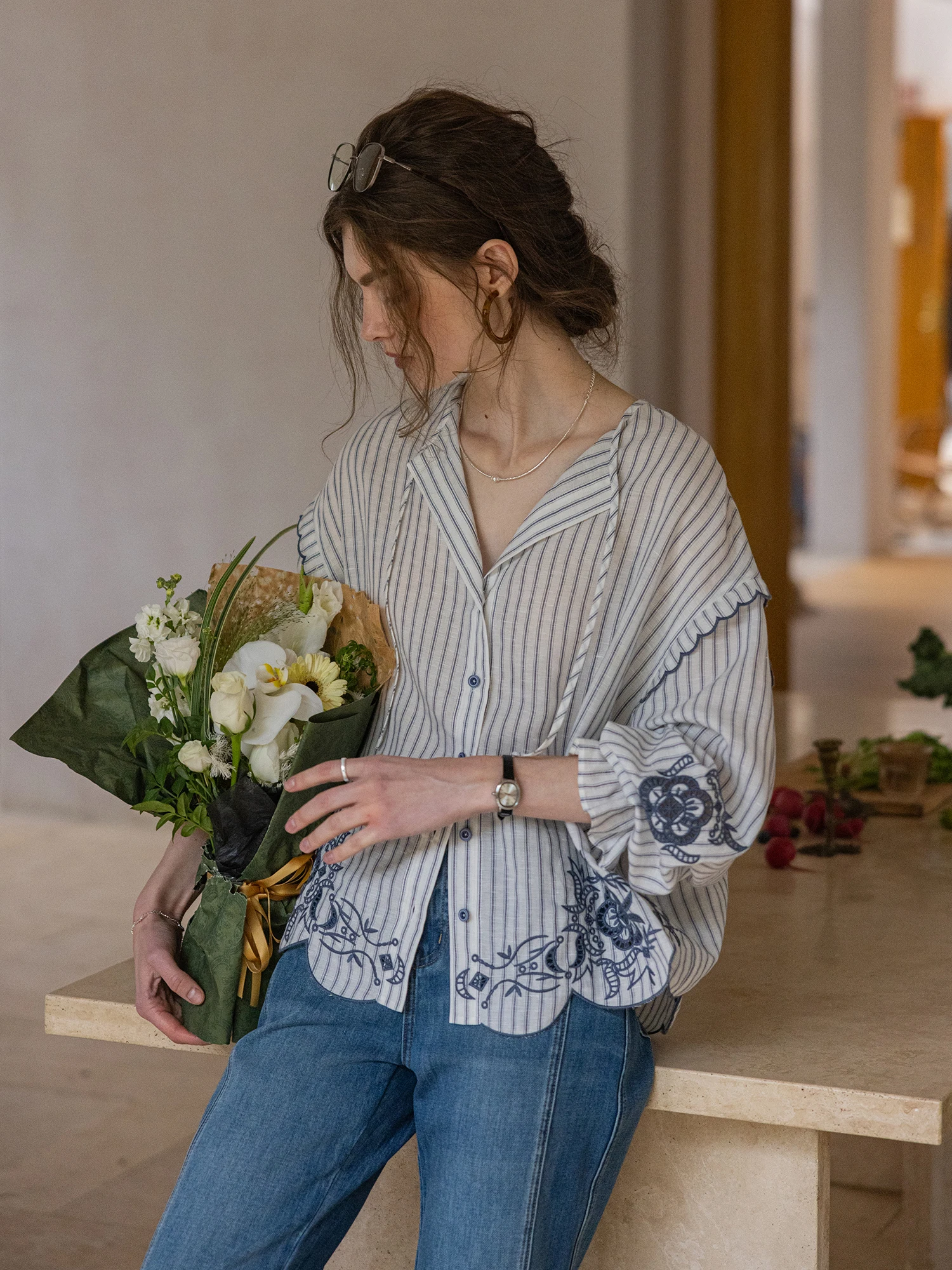 

Saint Mano Garden Design Heavy Duty Laser Hollow out Embroidery Lenzing Linen Color Woven Turn Collar Shirt Women's Fashion