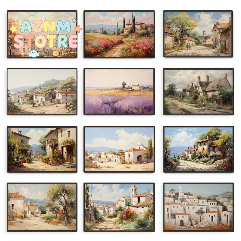 Vintage Rustic Landscape Provence Lavender Greek Village Poster and Print Canvas Printing Wall Art Picture for Living Room De