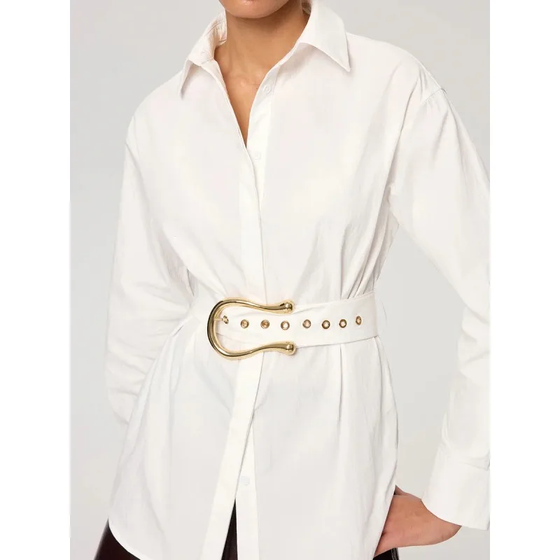 Tinaa White Button-Down Shirt for Women 2026 Stylish Turn Down Collar Long Sleeve Gold Belted Urban Commute Blouses 197746