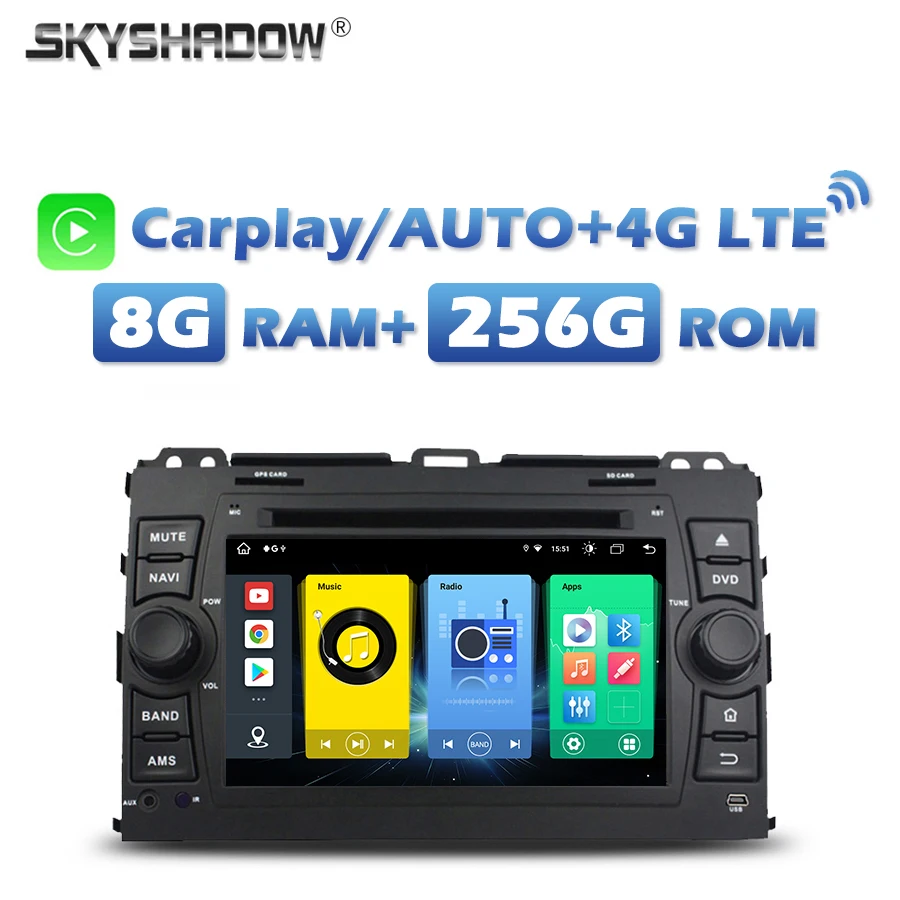 

4G SIM Carplay авто автомобильный DVD-плеер Android 13.0 8G + 256G Wi-Fi Bluetooth 5,0 радиоприемник GPS для Toyota Prado Land Cruiser 120 2003-2010