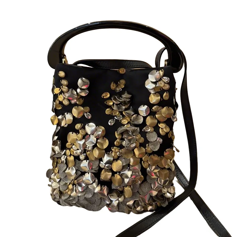 High-End Fashionable Exquisite Sequined Hand-Hand Bucket Bag European American Style Handcrafted Single-Shoulder Bag