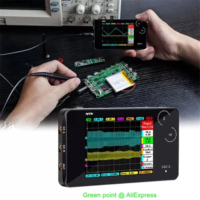 DS212 الذكية 2 قنوات ملتقط الذبذبات الرقمي شاشة تعمل باللمس واجهة USB 1 ميجا هرتز 8 ميجابايت 10MSa/s اقتران التيار المتناوب/تيار مستمر راسم الذبذبات المتعدد