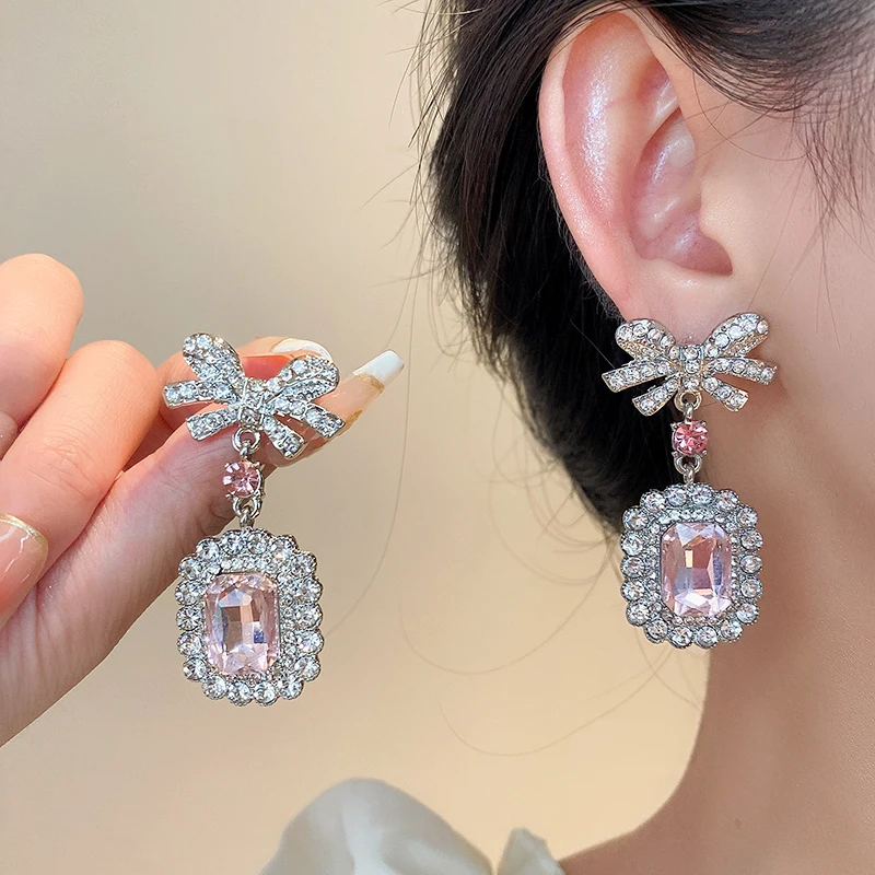 Pink Crystal Zircon Jewelry Set Women Fashion Square Bow Pendant Necklace Drop Earrings Light Luxury Party Wedding Jewelry