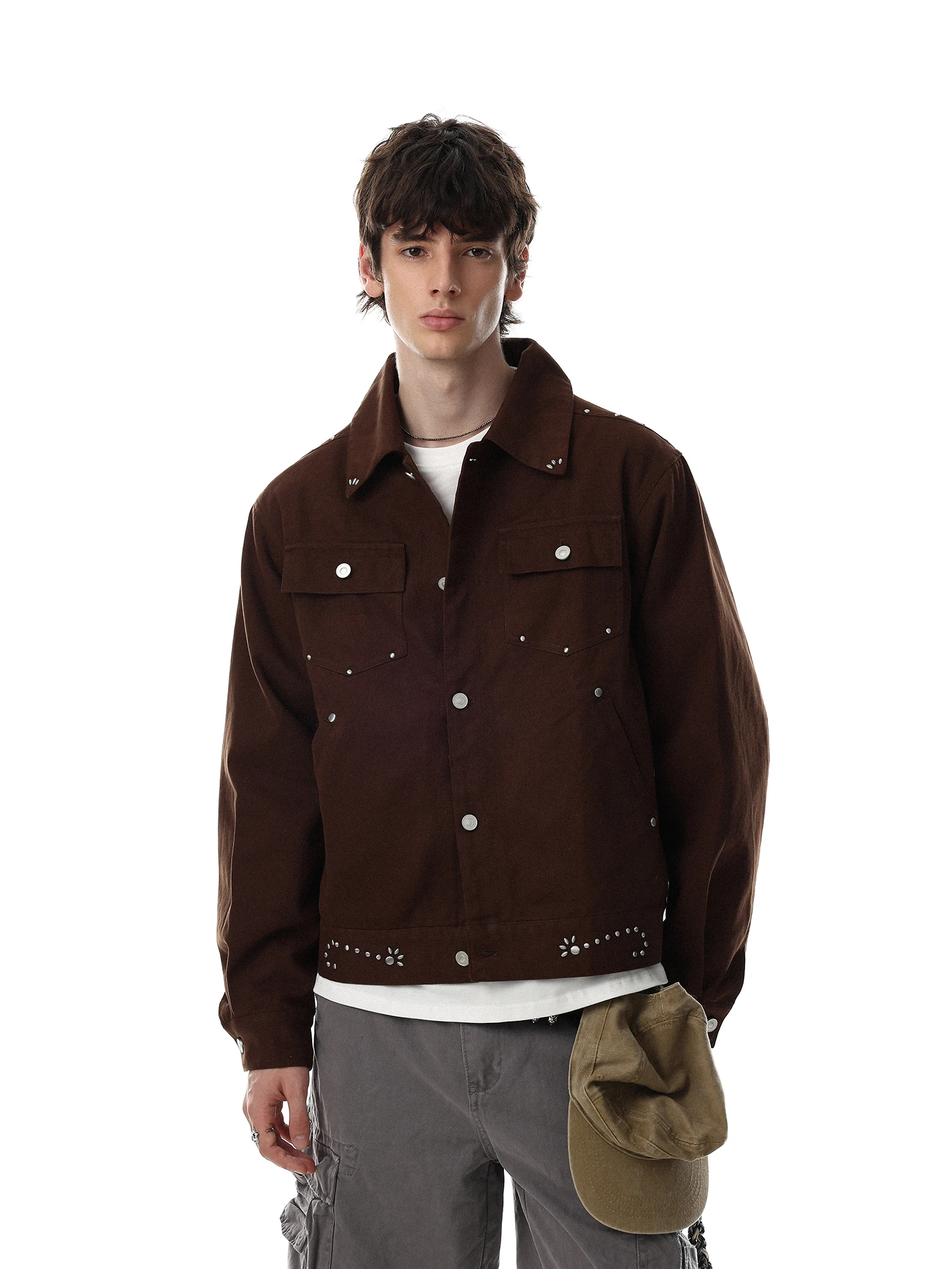 American Retro Workwear Jacket Men's Rivet Decoration Collar Multi-Pocket Loose Outerwear Trendy Brand Cotton Blend Fabric