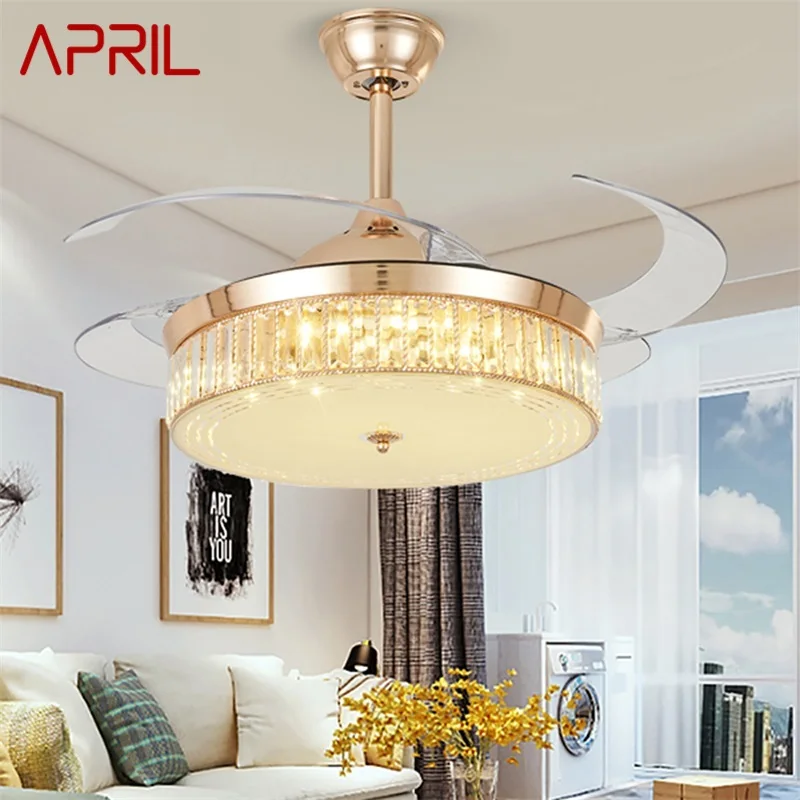 

APRIL Ceiling Fan Light Invisible Gold Luxury Crystal LED Lamp With Remote Control Modern For Home