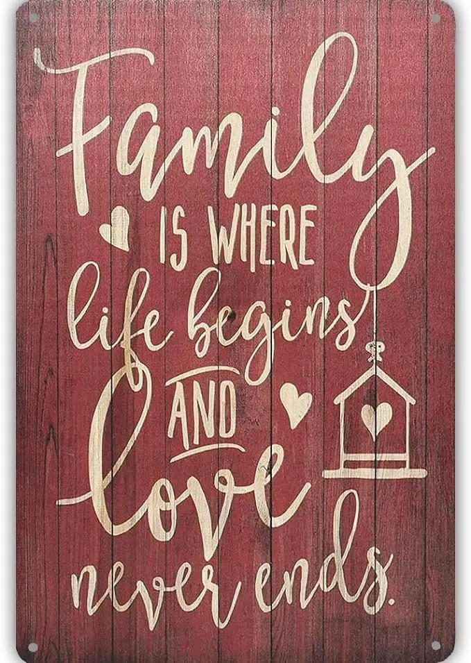 Familien-Metallschild „Familie ist der Ort, an dem das Leben beginnt und die Liebe niemals endet“ Metallschild Wanddekoration für Zuhause (DM38)--Blechschild