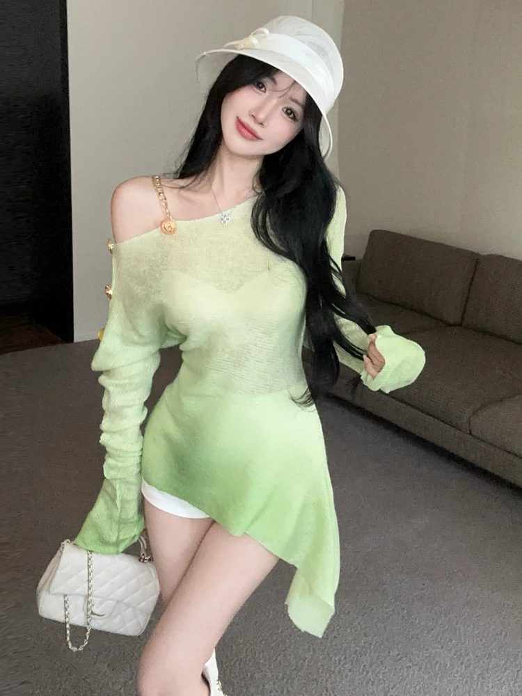 

Сексуальный вязаный свитер с открытыми плечами и длинными рукавами, металлического синего цвета, облегающий топ для молодых женщин, повседневная одежда