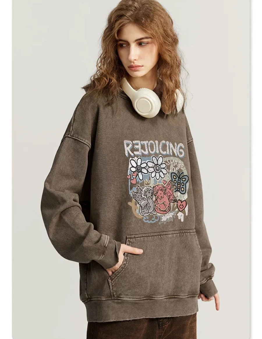 2024 autumn and winter American Harajuku retro washed batik printed hooded sweatshirt street loose heavyweight y2k clothes