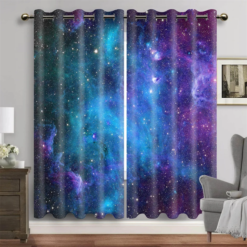 Purple Blue Galaxy Space Universe Stars Starry Window Curtains For Living Room Kids Bedroom Bathroom Kicthen Door Home Decor2Pcs