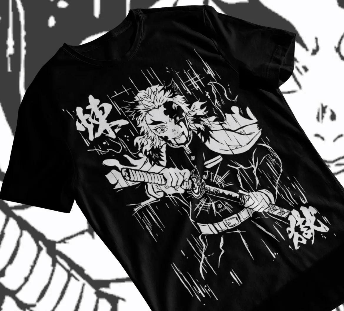 Kyojuro Rengoku T-Shirt Kimetsu no Yaiba Anime Demon Slayer Black Shirt Soft Tee