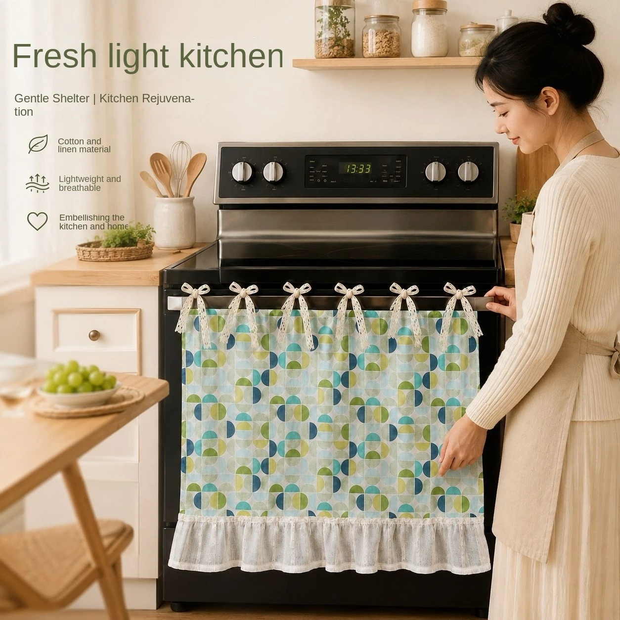 Geometric Linen Cotton Bowknot Oven Curtain, Ruffled Edge Kitchen Shield Decor Curtain