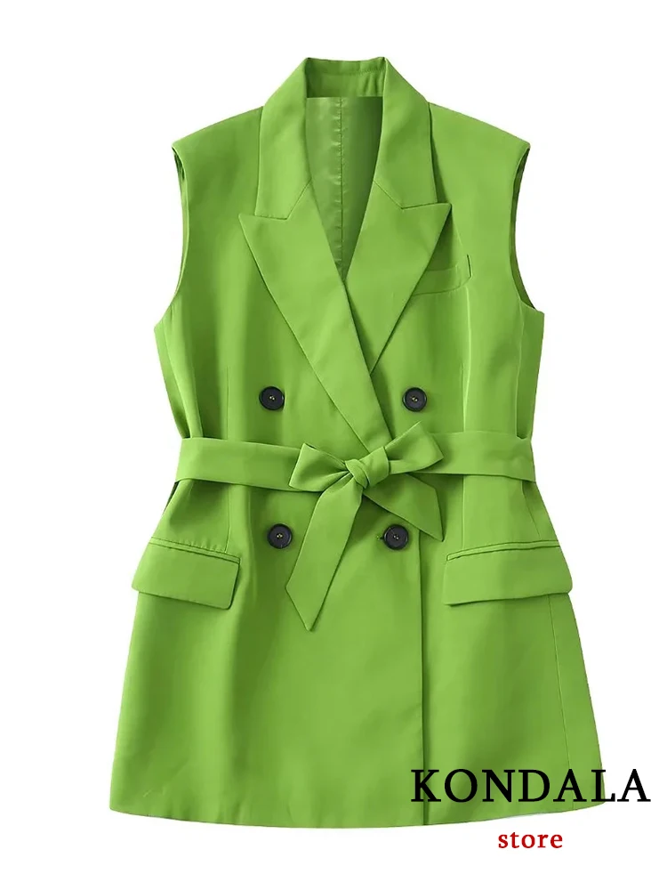 KONDALA Office Lady Solid Green Vest Blazer Women V Neck Double Breasted Sashes Long Sleeveless Jackets Fashion 2023 Coats