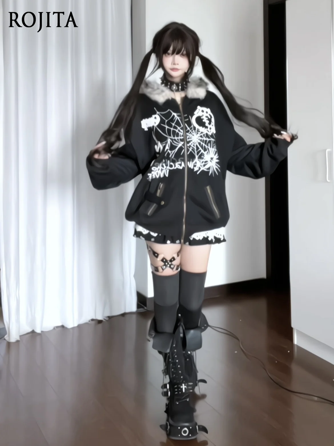 

Длинная плюшевая женская куртка с заячьими ушками в стиле ретро с буквенным принтом и капюшоном, свободная универсальная женская куртка, осенне-зимние черные толстовки средней длины