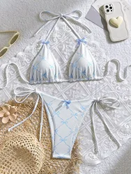 Swimwear White 2 Piece Swimsuit for Women Sexy Bow Triangle Halter Backless Bikini Set Lace-up Thong Bathing Suit 2025 New