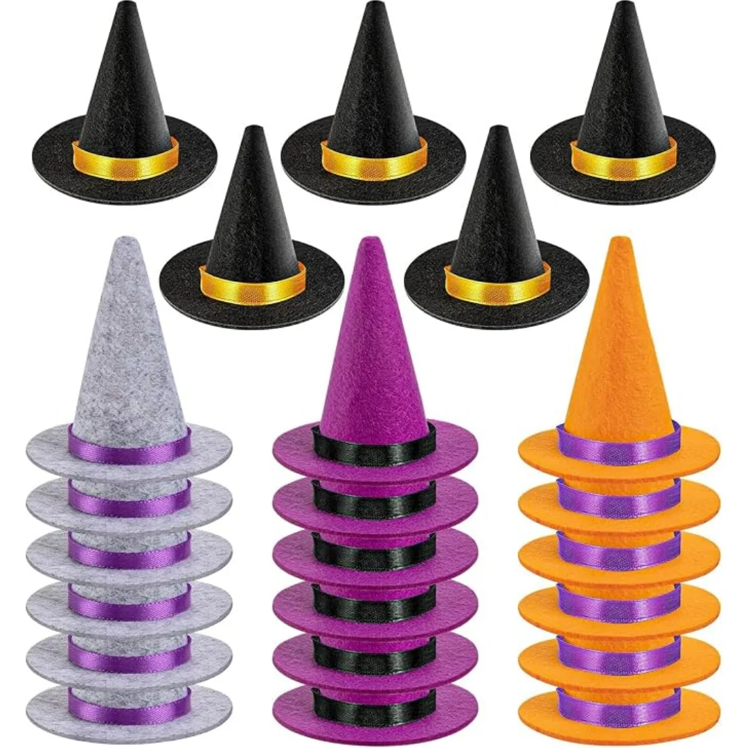Mini Witch Hat, 20 Pcs Colorful Small Witches Hats for Crafts Halloween Party Decor Handmade Small Witch Toppers Bulk, Tiny Doll