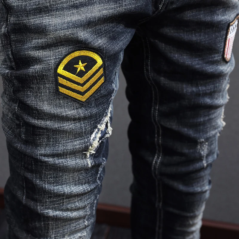 Street Fashion Men Jeans Retro Black Gray Elastic Slim Ripped Jeans Men Vintage Trousers Patches Designer Hip Hop Pants Hombre