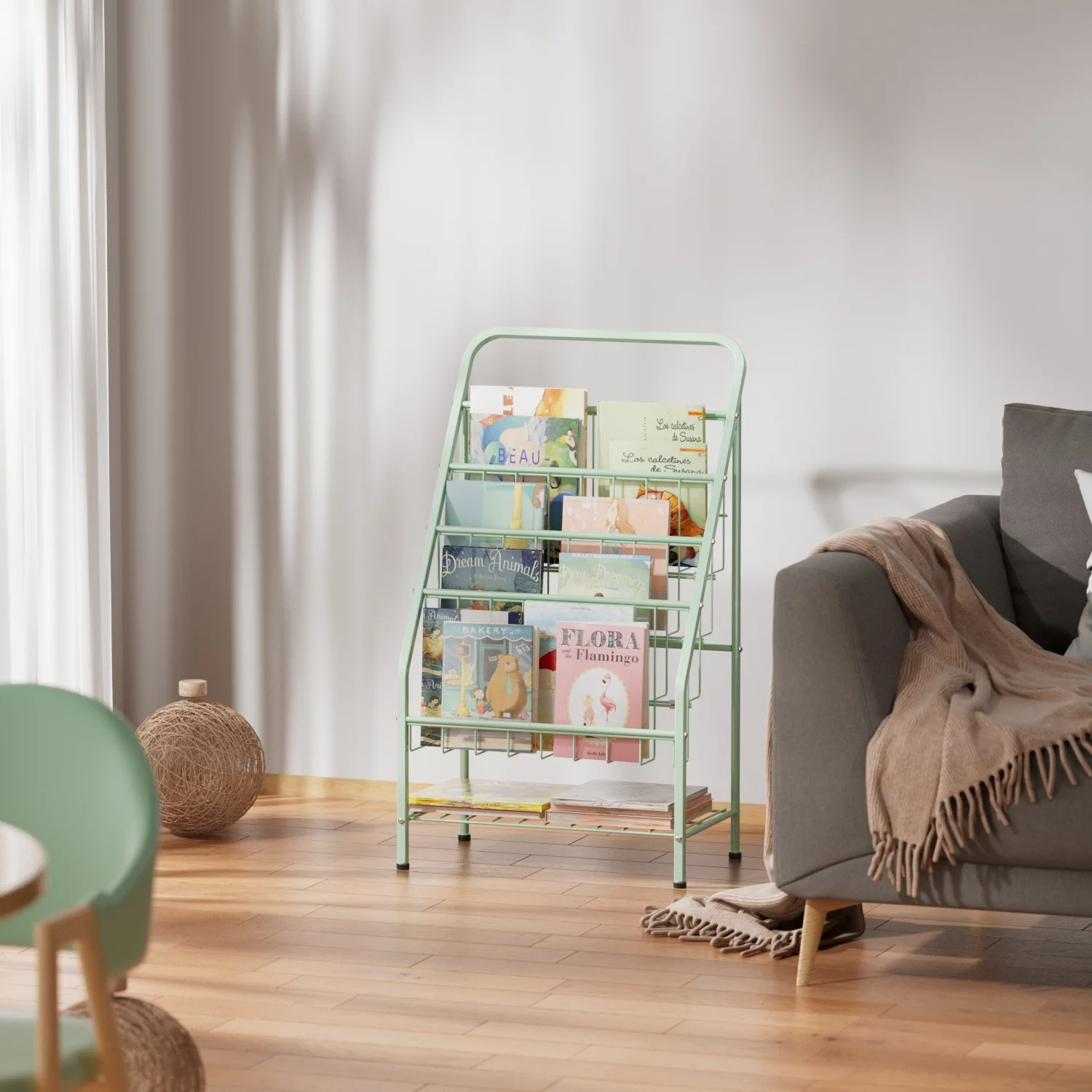 

Kids Bookshelf, 4-Tier Metal Sling Kid Display Bookshelves Bookcase with Toy Storage in Corner Library Room Classroom Playoomr