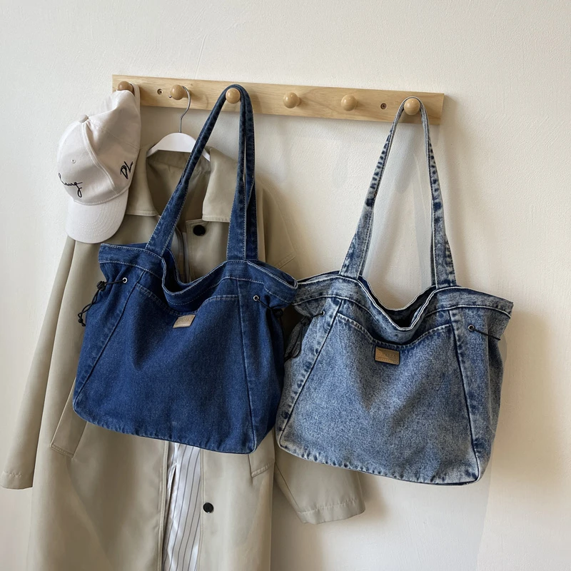 Retro Washed Denim Handbag 2024 Autumn New Lazy Versatile Tote Bag Large Capacity Commuting Drawstring Shoulder Bag for Women