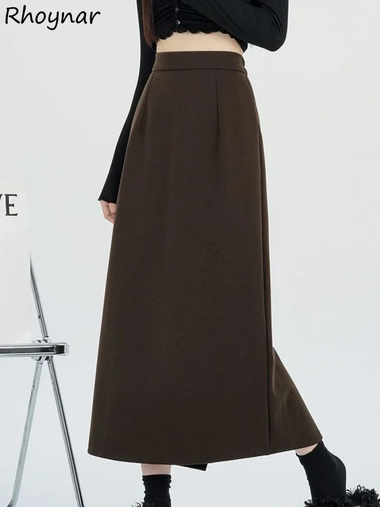 

Woolen Midi Skirts Women High Waist Stylish Autumn Winter Elegant Retro Female Office Style All-match Simple Pure Color Faldas